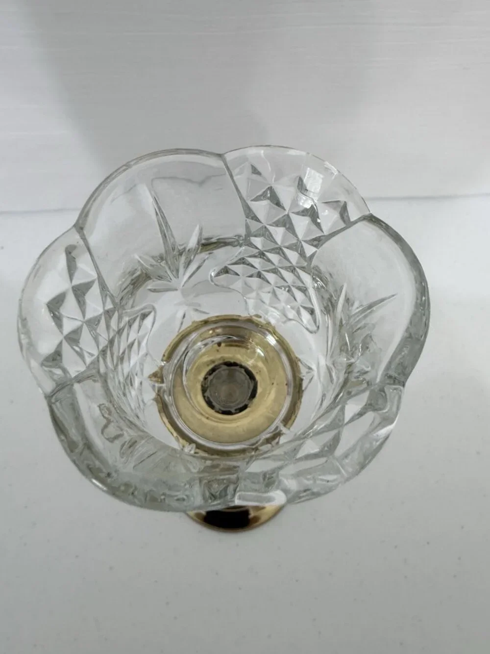 Homco Tulip Diamond Clear Votive Holder on Heavy Brass Candlestick Holder 10.75